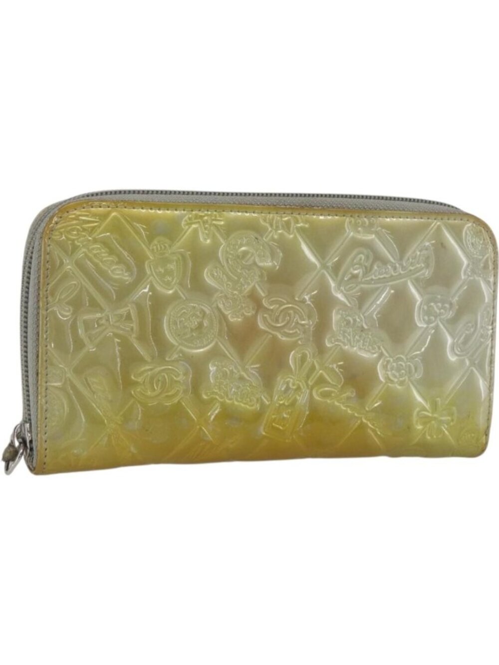 CHANEL Icon line Long Wallet Patent leather Silver CC